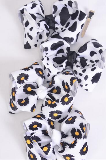 Hair Bow 24 pcs Cow Daisy Pattern Mix Grosgrain Bow-tie / 24 pcs Bow = Dozen Alligator Clip , Size - 4" x 3" Wide , 6 of Each Pattern Color Mix , Clip Strip & UPC Code