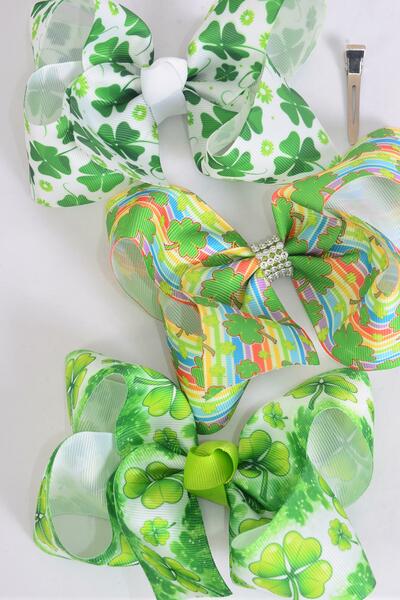 Hair Bow Jumbo Clover St Patrick's Day Grosgrain Bow-tie / 12 pcs Bow = Dozen Alligator Clip , Bow - 6" x 5" Wide , 4 Of Each Pattern Asst , Clip Strip and UPC Code