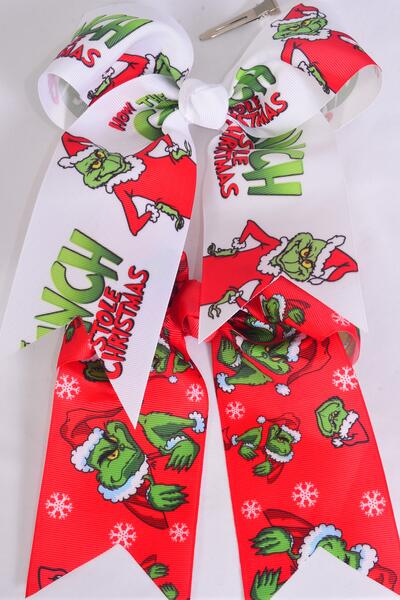 Hair Bow Extra Jumbo Long Tail Grinch Pattern Mix Grosgrain Bow-tie / 12 pcs Bow = Dozen Alligator Clip , Size - 6.5" x 6" Wide , 6 of each Pattern Asst , Clip Strip & UPC Code