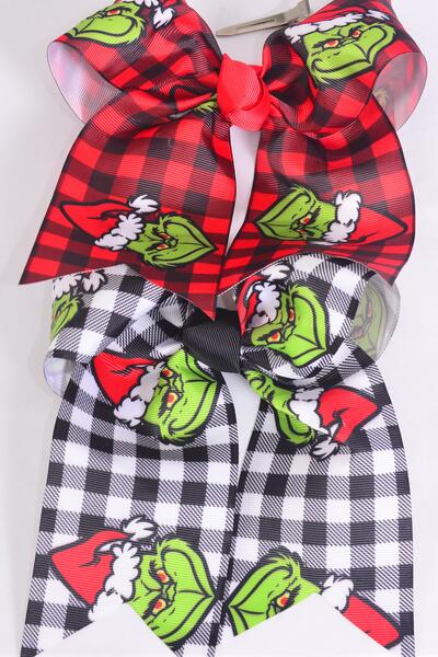  Hair Bow Extra Jumbo Long Tail Plaid Grinch Pattern Mix Grosgrain Bow-tie / 12 pcs Bow = Dozen  Alligator Clip , Size - 6.5" x 6" Wide , 6 of each Pattern Asst , Clip Strip & UPC Code