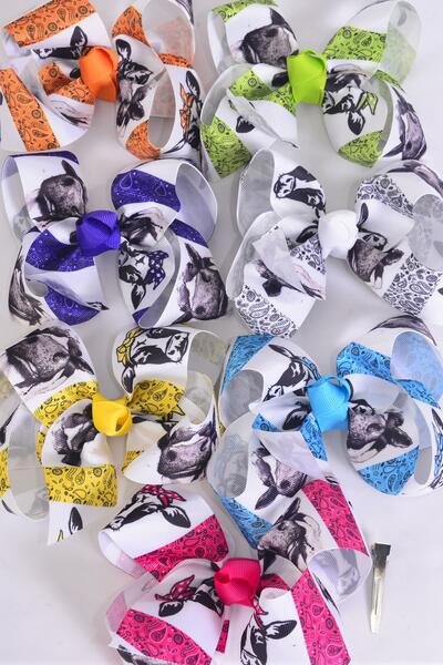 Hair Bow Jumbo Western Bandana Bull Cow Mix Grosgrain Bow-tie Citrus / 12 pcs Bow = Dozen Alligator Clip , Size - 6" x 5" Wide , 2 Fuchsia , 2 Blue , 2 Yellow , 2 Purple , 2 White , 1 Lime , 1 Orange Color Asst , Clip Strip  UPC Code