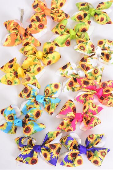 Hair Bow 24 pcs Sunflower Citrus Grosgrain Bow-tie / 24 pcs Bow = Doze Alligator Clip , Size - 4" x 3" Wide , 2 White , 2 Fuchsia , 2 Purple , 2 Yellow , 2 Blue , 1 Lime ,1 Orange Color Asst , Clip Strip & UPC Code