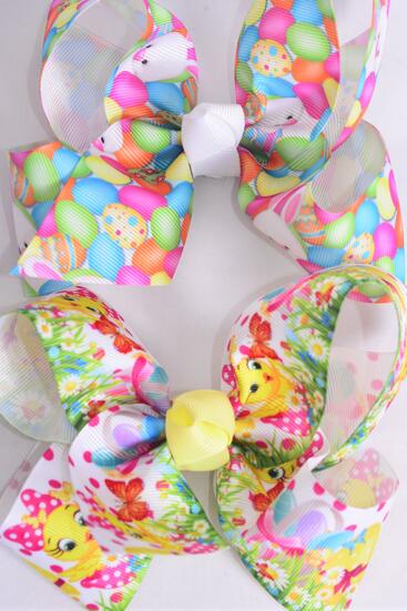 Hair Bow Jumbo Easter Bunny Chick Mix Grosgrain Bow-tie / 12 pcs Bow = Dozen  Alligator Clip , Size - 6" x 5" Wide , 6 Of each Pattern Asst , Clip Strip & UPC Code