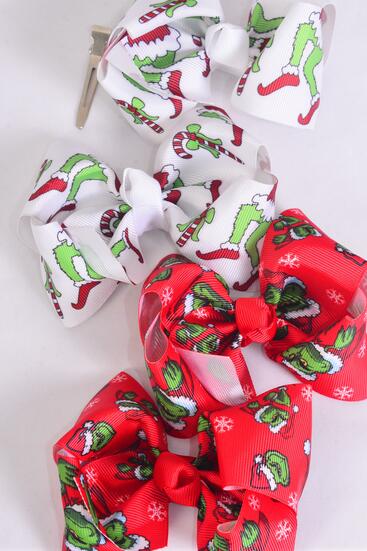 Hair Bow 24 pcs Grinch Pattern Mix Grosgrain Bow-tie / 24 pcs Bow = Dozen Alligator Clip , Size - 4" x 3" Wide , 6 of Each Pattern Color Mix , Clip Strip & UPC Code