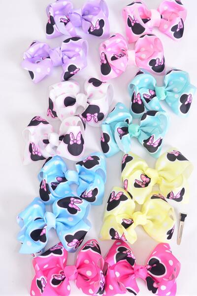 Hair Bow 24 pcs Cute Mouse Ear Polka Dots Pastel Grosgrain Bow-tie / 24 pcs Bow = Dozen Alligator Clip , Size - 4" x 3", 2 White , 2 Baby Pink , 2 Lavender , 2 Blue , 2 Yellow , 1 Peach , 1 Mint Green Color Asst , Clip Strip & UPC Code
