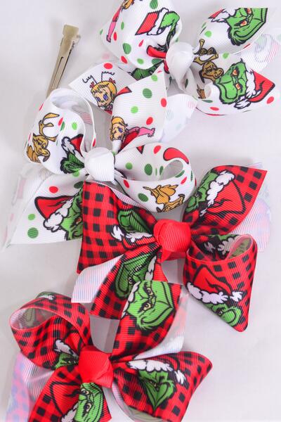 Hair Bow 24 pcs Grinch Pattern Mix Grosgrain Bow-tie / 24 pcs Bow = Dozen Alligator Clip , Size - 4" x 3" Wide , 6 of Each Pattern Color Mix , Clip Strip & UPC Code