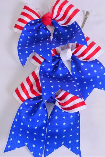 Hair Bow Extra Jumbo Long Tail Cheer Type Bow Patriotic Flag Grosgrain Bow-tie / 12 pcs Bow = Dozen Alligator Clip , Size - 6.5" x 6" Wide , 4 of each Pattern Asst , Clip Strip & UPC Code
