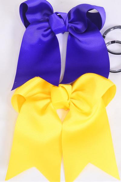 Hair Bow Extra Jumbo Long Tail Cheer Type Bow Elastic Purple Yellow Mix Grosgrain Bow-tie / 12 pcs Bow = Dozen Elastic , Size - 6.5" x 6" Wide , 6 Purple , 6 Daffdil Yellow Color Asst , Clip Strip & UPC Code