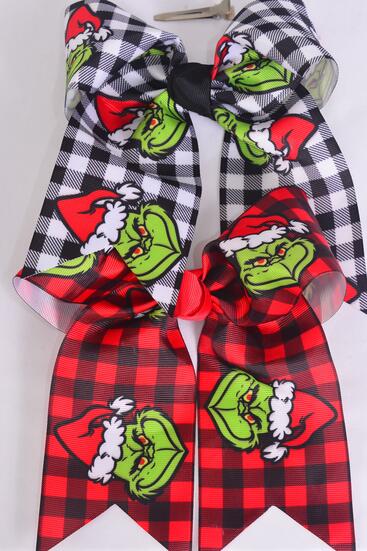  Hair Bow Extra Jumbo Long Tail Plaid Grinch Pattern Mix Grosgrain Bow-tie / 12 pcs Bow = Dozen  Grinch , Alligator Clip , Size - 6.5" x 6" Wide , 6 of each Pattern Asst , Clip Strip & UPC Code