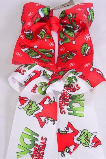 Hair Bow Extra Jumbo Long Tail Grinch Pattern Mix Grosgrain Bow-tie / 12 pcs Bow = Dozen Alligator Clip , Size - 6.5" x 6" Wide , 6 of each Pattern Asst , Clip Strip & UPC Code