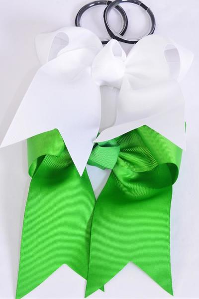 Hair Bow Extra Jumbo Long Tail Cheer Type Bow Elastic kelly Green White Mix Grosgrain Bow-tie / 12 pcs Bow = Dozen Irish Green & White Mix , Elastic , Size - 6.5" x 6" Wide , 6 Kelly Green , 6 White Color Asst , Clip Strip & UPC Code