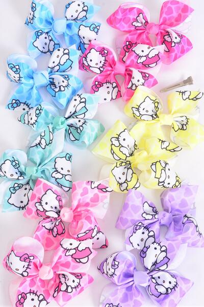 Hair Bow 24 pcs Cute Kitty Pastel Grosgrain Bow-tie / 24 pcs Bow = Dozen Alligator Clip , Size - 4" x 3" , 2 White , 2 Baby Pink , 2 Lavender , 2 Blue , 2 Yellow , 1 Hot Pink , 1 Mint Color Asst , Clip Strip & UPC Code