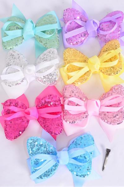 Hair Bow Jumbo Double Layered Flip Sequin Pastel Grosgrain Bow-tie / 12 pcs Bow = Dozen Alligator Clip , Size - 6" x 5" Wide , 2 White , 2 Pink , 2 Lavender , 2 Hot Pink , 2 Mint , 1 Blue , 1 Yellow Color Asst , Clip Strip and UPC Code