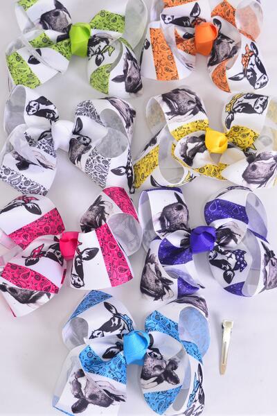 Hair Bow Jumbo Western Bandana Cow Mix Grosgrain Bow-tie Citrus / 12 pcs Bow = Dozen  Alligator Clip , Size - 6" x 5" Wide , 2 Fuchsia , 2 Blue , 2 Yellow , 2 Purple , 2 White , 1 Lime , 1 Orange Color Asst , Clip Strip  UPC Code