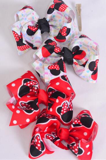 Hair Bow 24 pcs Cute Mouse Ear Polka Dots Grosgrain Bow-tie / 24 pcs Bow = Dozen Alligator Clip , Size - 4" x 3", 6 Of Each Pattern Asst , Clip Strip & UPC Code