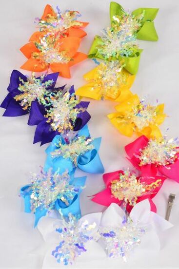 Hair Bow 24 pcs Center Iridescent Grosgrain Bow-tie Citrus / 12 pair Bow = Dozen Alligator Clip , Size - 3.5" x 3" Wide , 2 White , 2 Fuchsia , 2 Yellow , 2 Purple , 2 Blue ,1 Lime ,1 Orange Color Mix , Clip Strip & UPC Code
