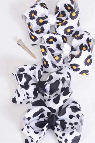 Hair Bow 24 pcs Cow Daisy Pattern Mix Grosgrain Bow-tie / 24 pcs Bow = Dozen Alligator Clip , Size - 4" x 3" Wide , 6 of Each Pattern Color Mix , Clip Strip & UPC Code