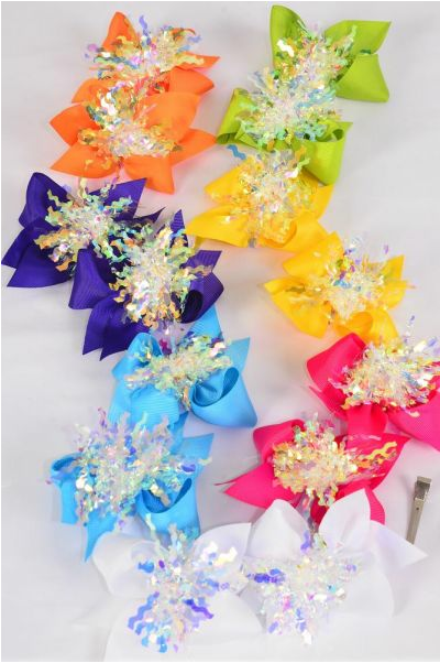 Hair Bow 24 pcs Center Iridescent Grosgrain Bow-tie Citrus / 12 pair Bow = Dozen Alligator Clip , Size - 3.5" x 3" Wide , 2 White , 2 Fuchsia , 2 Yellow , 2 Purple , 2 Blue ,1 Lime ,1 Orange Color Mix , Clip Strip & UPC Code