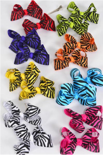Hair Bows 24 pcs Zebra Grosgrain Bow-tie Multi / 12 pairs = Dozen Alligator Clip , Bow - 3" x 2" Wide , 2 Bk , 2 White , 2 Fuchsia ,1 Blue ,1 Yellow ,1 Orange ,1 Lime ,1 Rd , 1 Purple Mix , Clip Strip & UPC Code