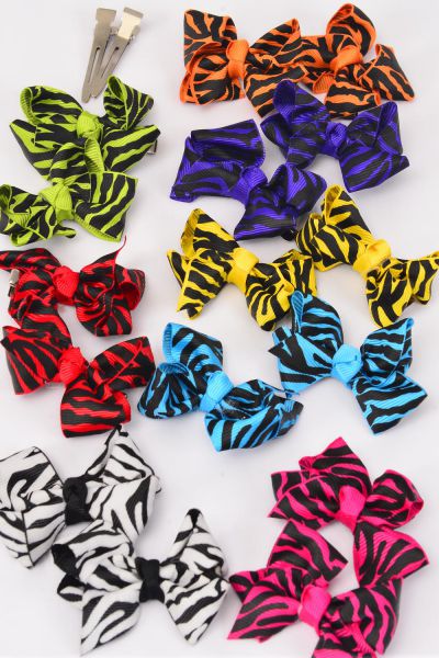 Hair Bows 24 pcs Zebra Grosgrain Bow-tie Multi / 12 pairs = Dozen Alligator Clip , Bow - 3" x 2" Wide , 2 Bk , 2 White , 2 Fuchsia ,1 Blue ,1 Yellow ,1 Orange ,1 Lime ,1 Rd , 1 Purple Mix , Clip Strip & UPC Code