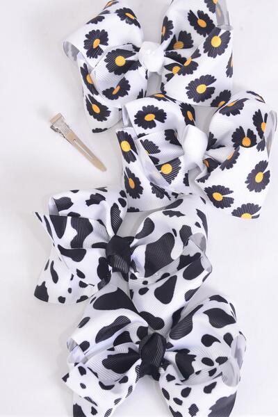 Hair Bow 24 pcs Cow Daisy Pattern Mix Grosgrain Bow-tie / 24 pcs Bow = Dozen Alligator Clip , Size - 4" x 3" Wide , 6 of Each Pattern Color Mix , Clip Strip & UPC Code