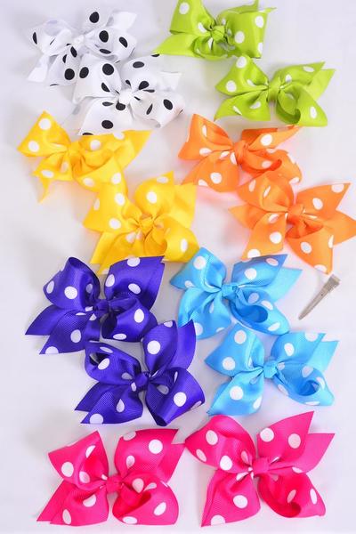 Hair Bow 24 pcs Polka dots Citrus Grosgrain Bow-tie / 24 pcs Bow = Dozen  Size - 4" x 3" Wide , 2 White , 2 Hot Pink , 2 Blue , 2 Purple , 2 Yellow , 1 Orange , 1 Lime Color Asst , Clip Strip & UPC Code , 12 pair = Dozen