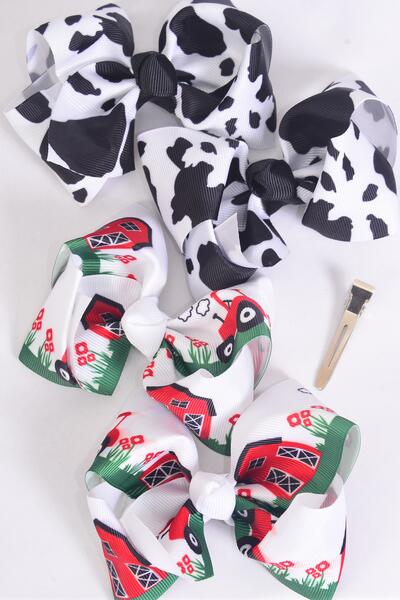 Hair Bow 24 pcs Farm Cow Red Barn Pattern Mix Grosgrain Bow-tie / 24 pcs Bow = Dozen Alligator Clip , Size - 4" x 3" Wide , 6 of Each Pattern Color Mix , Clip Strip & UPC Code