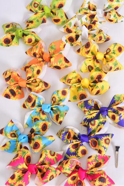 Hair Bow 24 pcs Sunflower Citrus Grosgrain Bow-tie / 24 pcs Bow = Doze Alligator Clip , Size - 4" x 3" Wide , 2 White , 2 Fuchsia , 2 Purple , 2 Yellow , 2 Blue , 1 Lime ,1 Orange Color Asst , Clip Strip & UPC Code