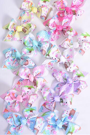 Hair Bow 24 pcs Cute Bunny Pastel Grosgrain Bow-tie / 24 pcs Bow = Dozen Alligator Clip , Size - 4" x 3" ,  2 White , 2 Baby Pink , 2 Lavender , 2 Blue , 2 Yellow , 1 Peach , 1 Mint Green Color Asst , Clip Strip & UPC Code