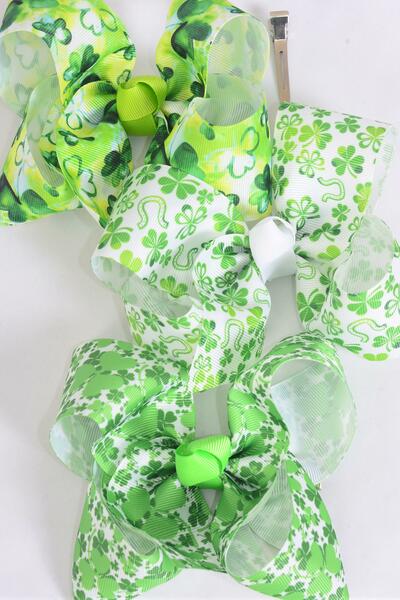 Hair Bow Jumbo Shamrock St Patricks Day Grosgrain Bow-tie / 12 pcs Bow = Dozen Alligator Clip , Size - 6" x 5" Wide , 4 Of Each Pattern Asst , Clip Strip and UPC Code