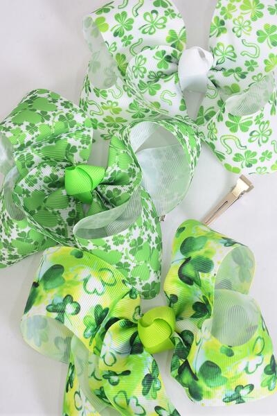 Hair Bow Jumbo Shamrock St Patricks Day Grosgrain Bow-tie / 12 pcs Bow = Dozen Alligator Clip , Size - 6" x 5" Wide , 4 Of Each Pattern Asst , Clip Strip and UPC Code