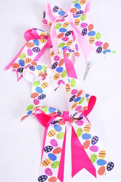 Hair Bow Jumbo Long Tail Double Layered Colorful Easter Eggs Grosgrain Bow-tie Pink Mix / 12 pcs Bow = Dozen Alligator Clip , Size - 6.5" x 6" Wide , 3 Baby Pink , 3 Hot Pink , 3 Fuchsia , 3 White Color Asst , Clip Strip & UPC Cod