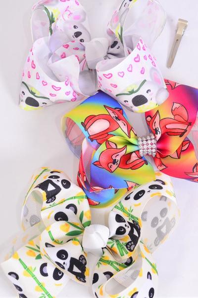 Hair Bow Jumbo Panda Koala Bear Fox Mix Grosgrain Bow-tie / 12 pcs Bow = Dozen  Alligator Clip , Size - 6" x 5" Wide , 4 Of Each Pattern Asst , Clip Strip & UPC Code