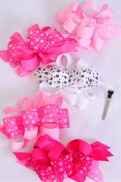 Hair Bow Jumbo Double Layered Chiffon Flower Loop Bow Grosgrain Bow / 12 pcs Bow = Dozen Pink Mix , Alligator Clip , Bow Size - 4.5" x 4" Wide , 4 Fuchsia , 4 Hot Pink , 2 2tone Pink , 1 Baby Pink , 1 White Mix , Clip Strip