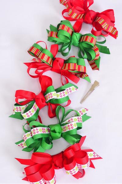 Hair Bow Large Xmas Loop Bow Snowflake Candy Strip Mix Grosgrain Bow / 12 pcs Bow = Dozen  Christmas , Alligator Clip , Size- 4.5" x 3.5" Wide , 2 of each Pattern Mix , Display Card & UPC Code,Clear Box