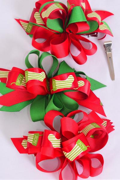Hair Bow Large Xmas Loop Bow Joy Stocking Grosgrain Bow / 12 pcs Bow = Dozen Christmas , Alligator Clip , Bow Size-4.5"x 4" Wide , 4 of each Pattern Mix , Display Card & UPC Code,W Clear Box