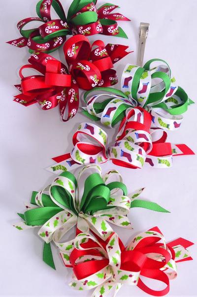 Hair Bow Large Xmas Loop Bow Satin Candy Cane Holly Berries Stocking Mix Grosgrain Bow / 12 pcs Bow = Dozen Alligator Clip , Bow Size - 4.5" x 3.5 , 2 of each Pattern Asst , Display Card & UPC Code,W Clear Box
