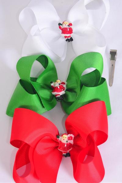 Hair Bow XMAS Santa Charm Grosgrain Bow-tie / 12 pcs Bow = Dozen Christmas , Alligator Clip , Size - 3" x 2" Wide , 6 Red , 3 Green  , 3 White Mix , Display Card & UPC Code,W Clear Box