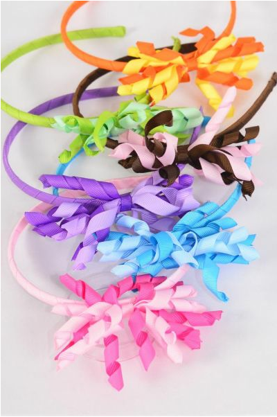 Headband Horseshoe Twirl Grosgrain Bow-tie Multi / 12 pcs = Dozen Multi , 2 of each Color Asst , Hang Tag & UPC Code , Clear Box