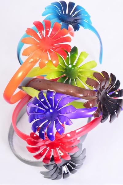 Headband Horseshoe Acrylic Gradient Daisy Multi / 12 pcs = Dozen Flower - 2.75" Wide , 2 Black , 2 Brown , 2 Orange , 2 Purple , 2 Burgundy , 1 Green , 1 Blue Color Asst , Hang Tag OPP bag  UPC Code