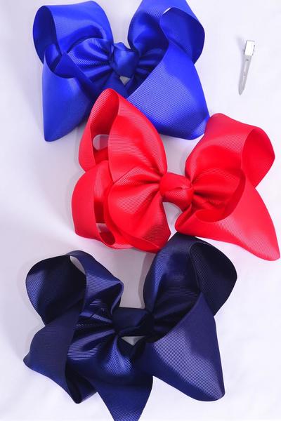 Hair Bow Jumbo Navy Red Royal Blue Mix Grosgrain Bow-tie / 12 pcs Bow = Dozen Navy Red Royal Blue Mix , Size - 6"x 5", Alligator Clip , 4 Navy , 4 Red , 4 Royal Blue Color Asst , Clip Strip & UPC Code