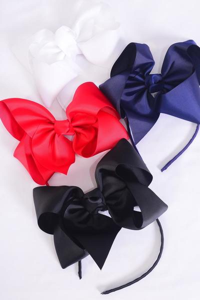 Headband Horseshoe Jumbo Grosgrain Bow-tie Red White Black Navy Mix / 12 pcs = Dozen Bow Size - 6" x 5" Wide , 3 Black , 3 White , 3 Red , 3 Navy Color Asst , Hang Tag & UPC Code , Clear Box