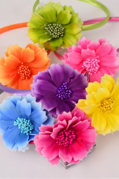 Headband Horseshoe Flower Gradient Multi / 12 pcs = Dozen Flower Size - 3.5" Wide , 2 Yellow , 2 Purple , 2 Pink , 2 Orange , 2 Blue , 1 Lime , 1 Fuchsia Color Asst , Hang Tag & UPC Code , Clear Box