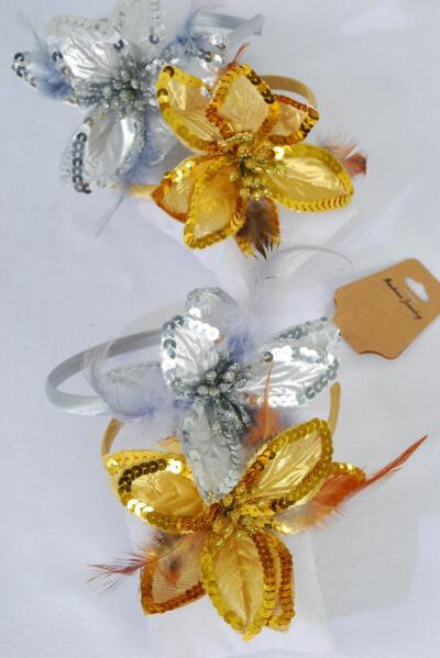 Headband Horseshoe Sequin Flower Feathers Gold Silver Mix / 12 pcs = Dozen Flower Size - 5" Wide , 6 Gold , 6 Silver Mix , Hang tag & UPC Code , Clear Box