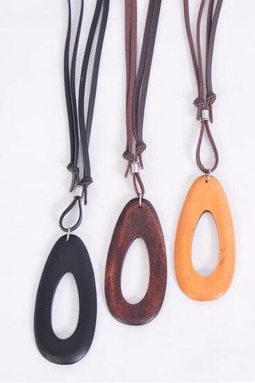 Mens Leather Necklace Wood Oval Pandent Browntone Color Asst / 12 pcs = Dozen  Adjustable , Pendant Size - 3.25" x 1.75" Wide , 4 of each Pattern Asst , Hang Tag & OPP Bag & UPC Code
