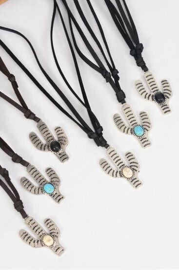 Leather Necklace Cactus Center Semiprecious Stone / 12 pcs = Dozen   Match 03135 Adjustable , Unisex , Cactus 1.75"x 1.25" Wide , 4 Black , 4 Turquoise , 4 Ivory Asst , 6 Black 6 Brown Leather Mix , Hang Tag & OPP Bag & UPC Code 