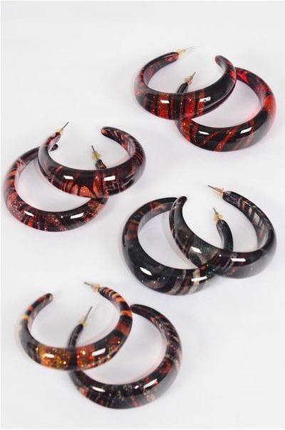 Earrings Poly Hoop Swirl Pattern Color Asst / 12 pair = Dozen match 23510 or 23506 Post , Size - 1.75" Wide ,3 of each Pattern Asst , Earring Card & OPP Bag & UPC Code