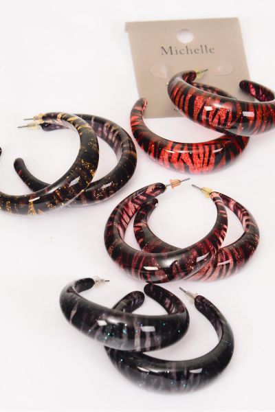 Earrings Poly Hoop Zebra Print / 12 pair = Dozen Post , Size - 1.75" Wide , 3 of each Color Asst , Earring Card & OPP bag & UPC Code