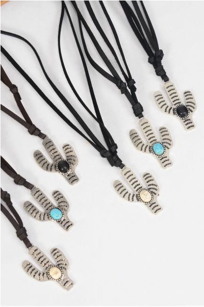 Leather Necklace Cactus Center Semiprecious Stone / 12 pcs = Dozen   Match 03135 Adjustable , Unisex , Cactus 1.75"x 1.25" Wide , 4 Black , 4 Turquoise , 4 Ivory Asst , 6 Black 6 Brown Leather Mix , Hang Tag & OPP Bag & UPC Code 