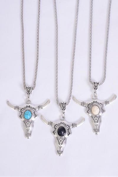 Necklace Silver Chain Metal Antique Bull Head Semiprecious Stone / 12 pcs = Dozen Match 03137 Pendant -1 .75" x 1.25" Wide , Chain -18" Extension Chain , 4 Ivory , 4 Black , 4 Turquoise Asst , Hang Tag & OPP Bag & UPC Code